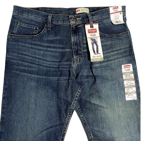 Wrangler Five Star Slim Straight Jeans Mens 36x30 Blue Whiskered Western Rodeo - Picture 1 of 13
